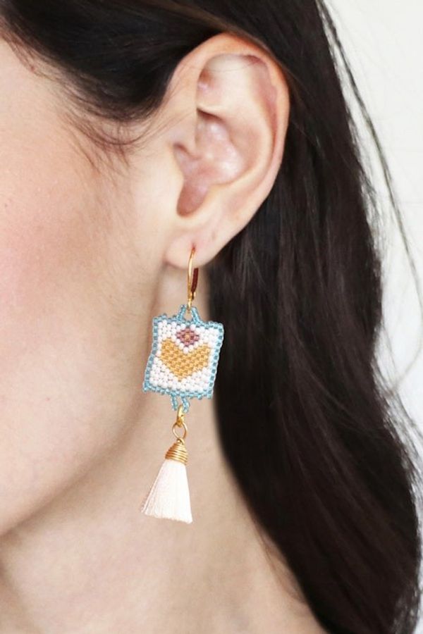 Alternate image for Gold-Accented Glass Bead Dangle Earrings with Ivory Tassels Celestial Hearts