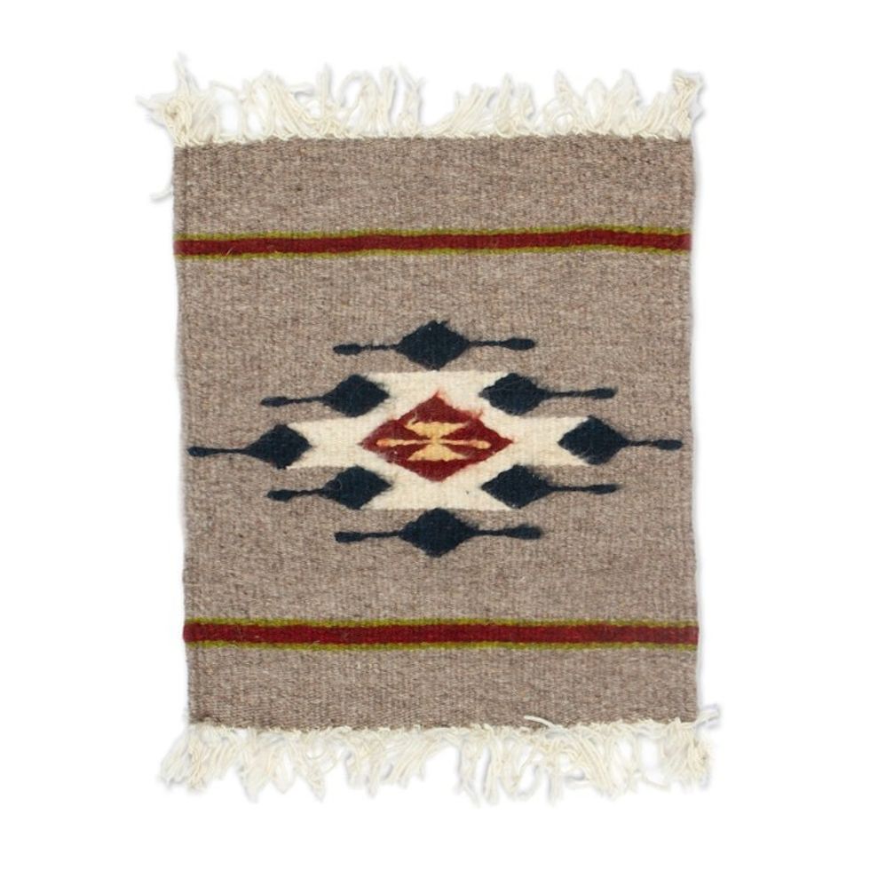 Zapotec Diamond-Patterned Grey and Red Wool Area Rug 1x1 'Diamond of Magnificence'