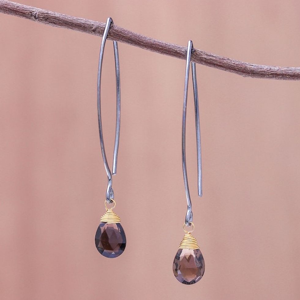 Gold Accent Smoky Quartz Dangle Earrings from Thailand 'Midnight Meadow'