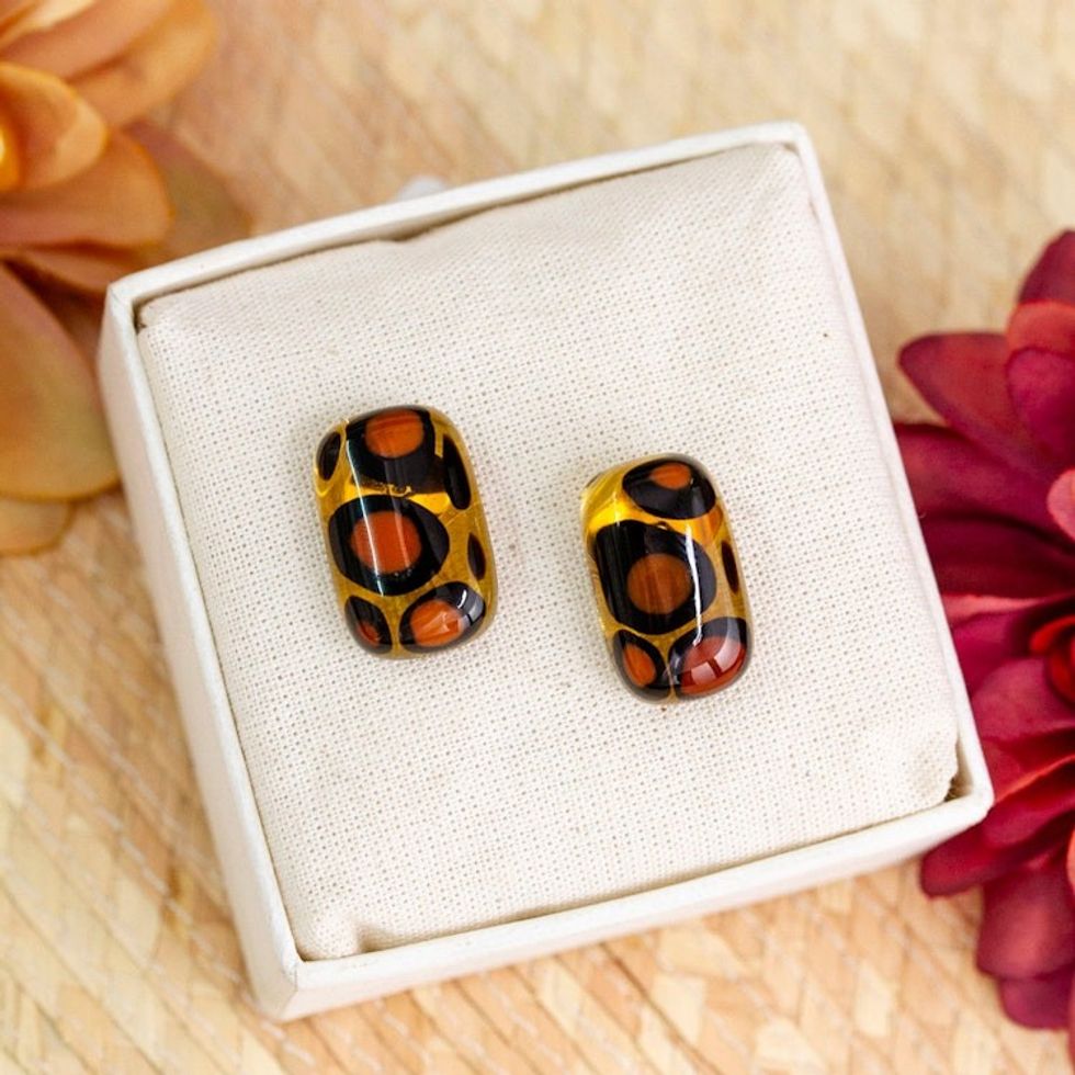 Animal Print Rectangular Fused Art Glass Button Earrings 'Exotic Animal Print Geometry'