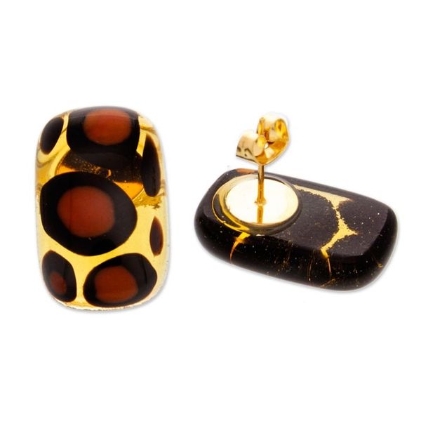 Alternate image for Animal Print Rectangular Fused Art Glass Button Earrings Exotic Animal Print Geometry