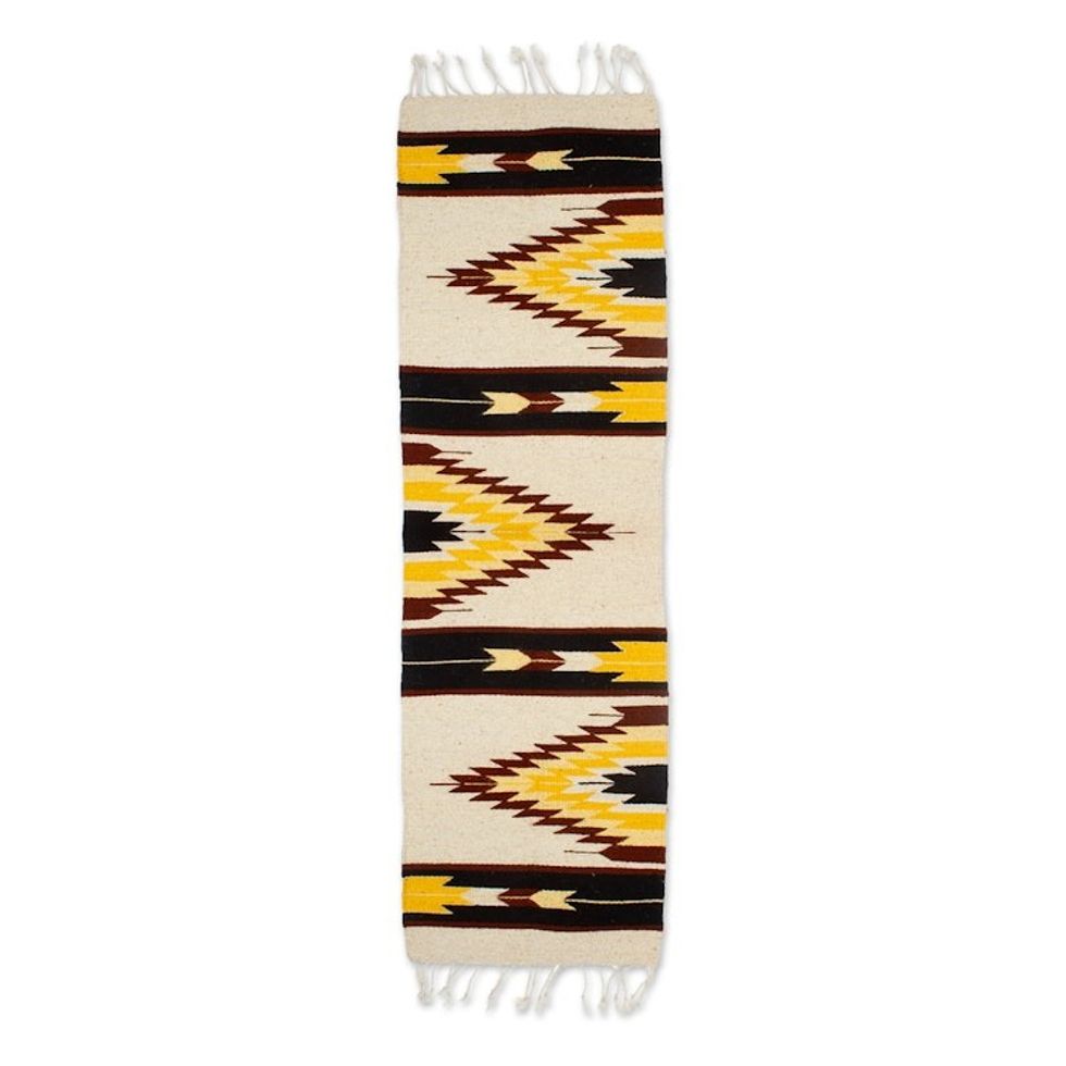 Geometric-Patterned Yellow and Beige 100 Wool Table Runner 'Ancestral Lightning'