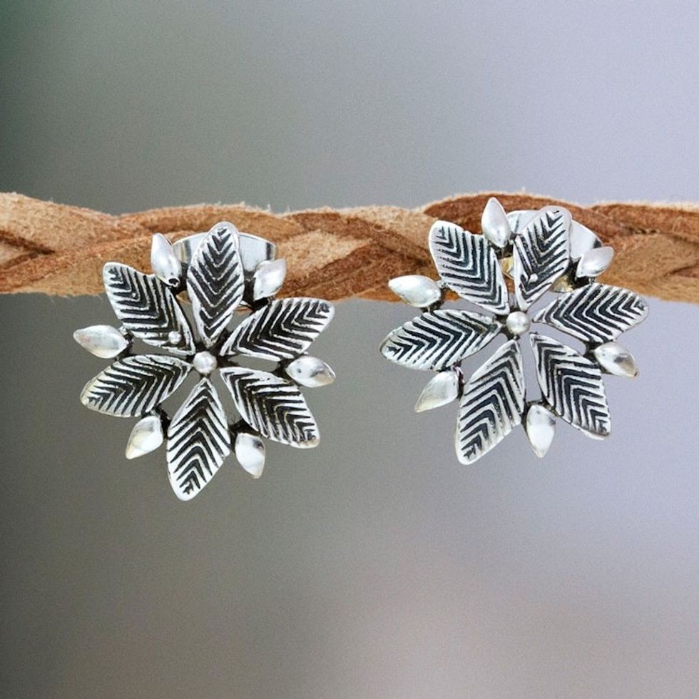 Polished Sterling Silver Floral Button Earrings from Mexico 'Winter's Eve'