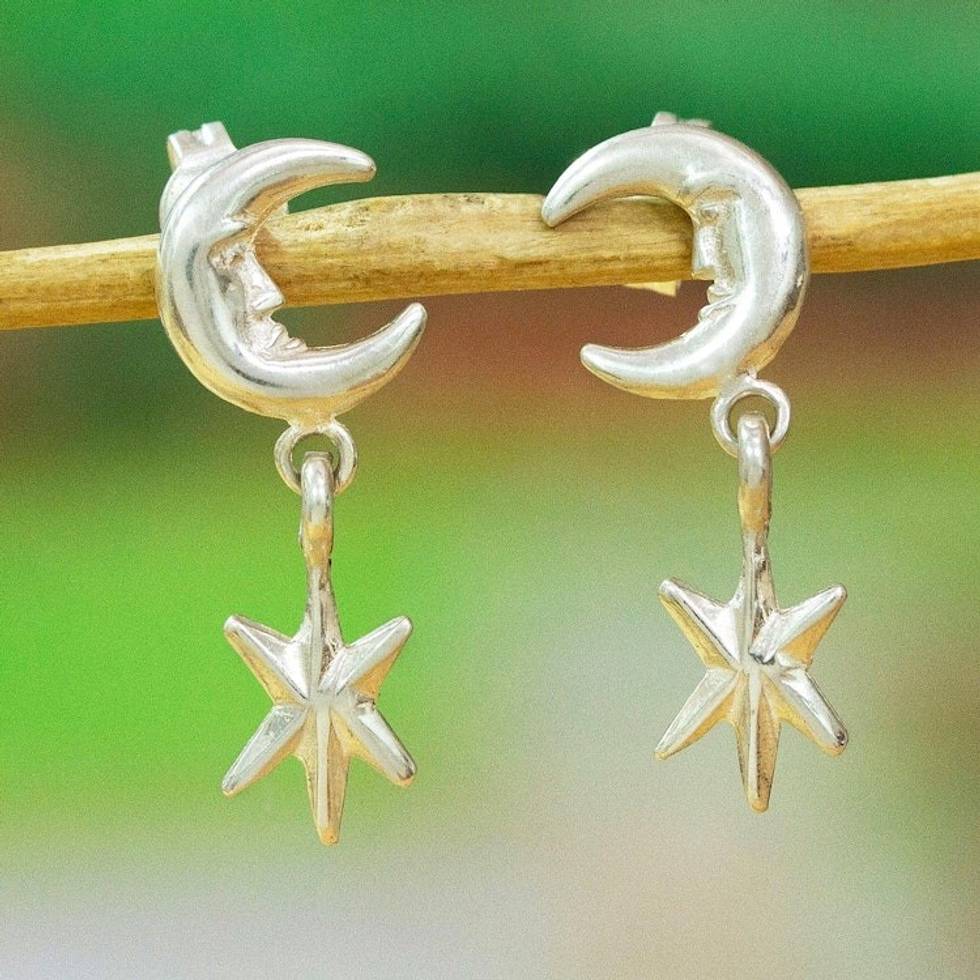 Night-Themed Moon and Star Sterling Silver Dangle Earrings 'Dream of Midnight'
