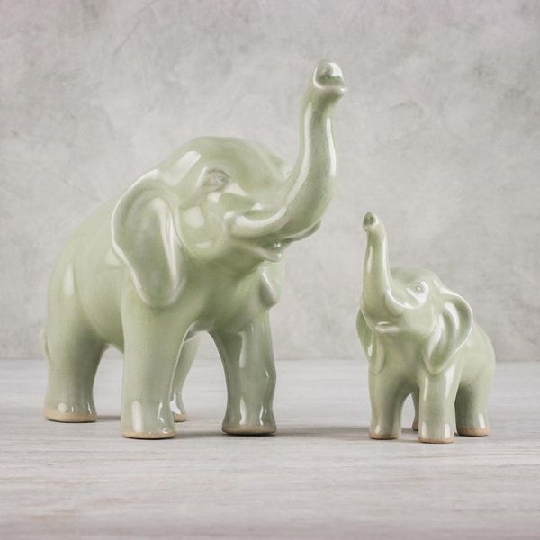 Alternate image for Set of 2 Ceramic Statuettes of Mother and Calf Elephant Maternal Elephant