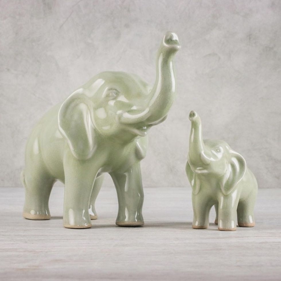 Set of 2 Ceramic Statuettes of Mother and Calf Elephant 'Maternal Elephant'