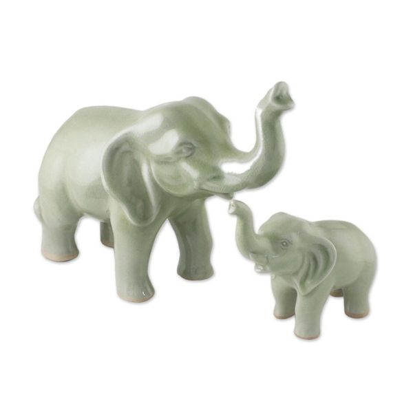 Alternate image for Set of 2 Ceramic Statuettes of Mother and Calf Elephant Maternal Elephant