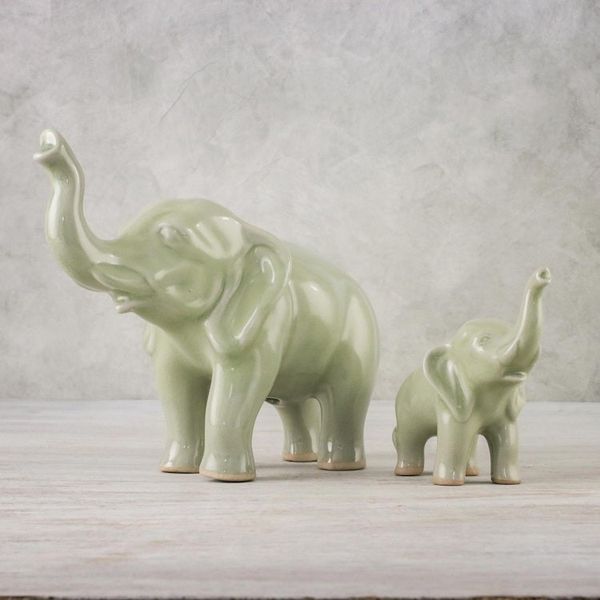 Alternate image for Set of 2 Ceramic Statuettes of Mother and Calf Elephant Maternal Elephant