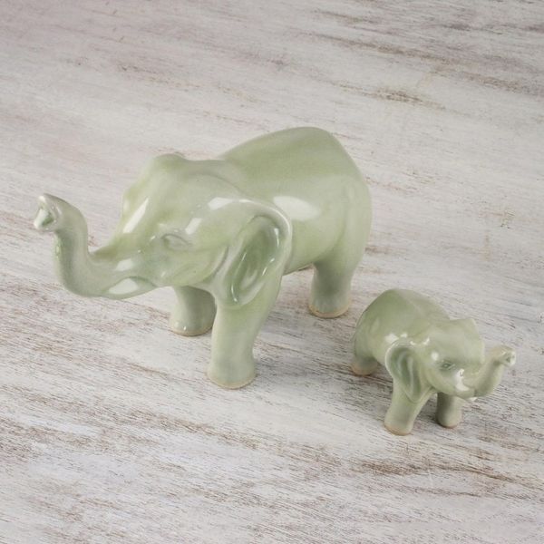 Alternate image for Set of 2 Ceramic Statuettes of Mother and Calf Elephant Maternal Elephant