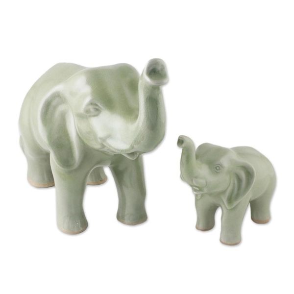 Alternate image for Set of 2 Ceramic Statuettes of Mother and Calf Elephant Maternal Elephant