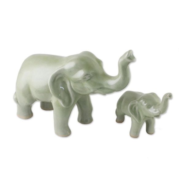 Alternate image for Set of 2 Ceramic Statuettes of Mother and Calf Elephant Maternal Elephant