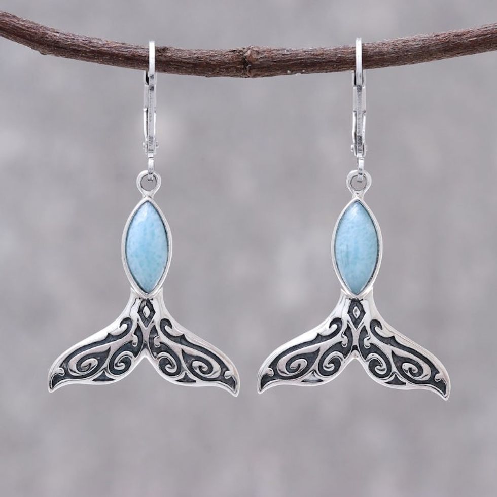 Natural Larimar Dangle Earrings from Thailand 'Whale Elegance'