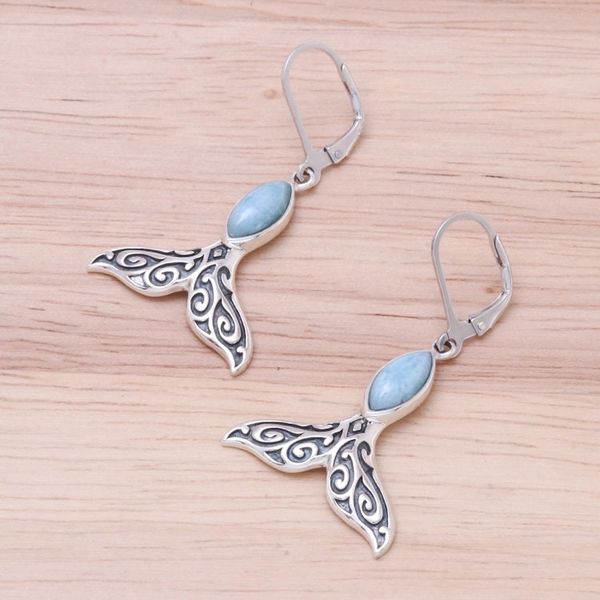 Alternate image for Natural Larimar Dangle Earrings from Thailand Whale Elegance