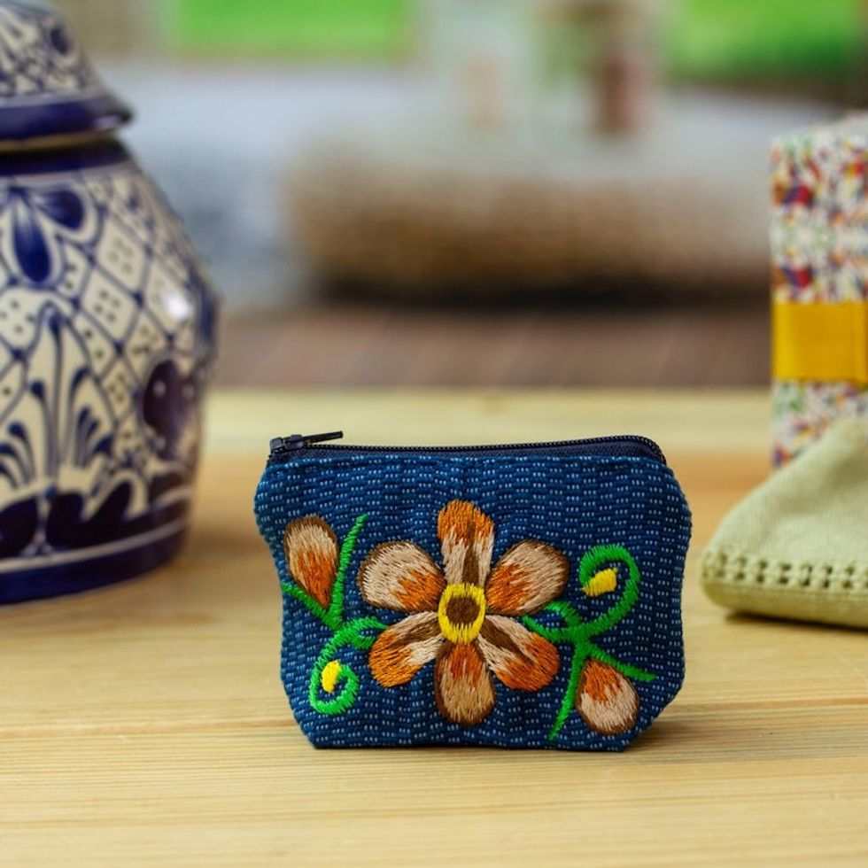 Blue and Ginger Floral Embroidered 100 Cotton Coin Purse 'Bloom of Autumn'