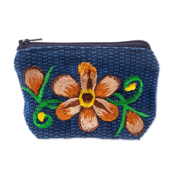 Alternate image for Blue and Ginger Floral Embroidered 100 Cotton Coin Purse Bloom of Autumn