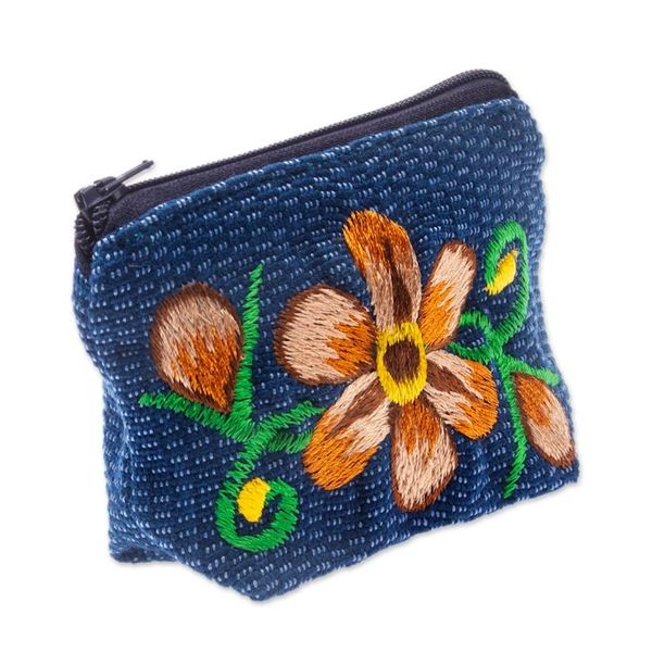 Alternate image for Blue and Ginger Floral Embroidered 100 Cotton Coin Purse Bloom of Autumn
