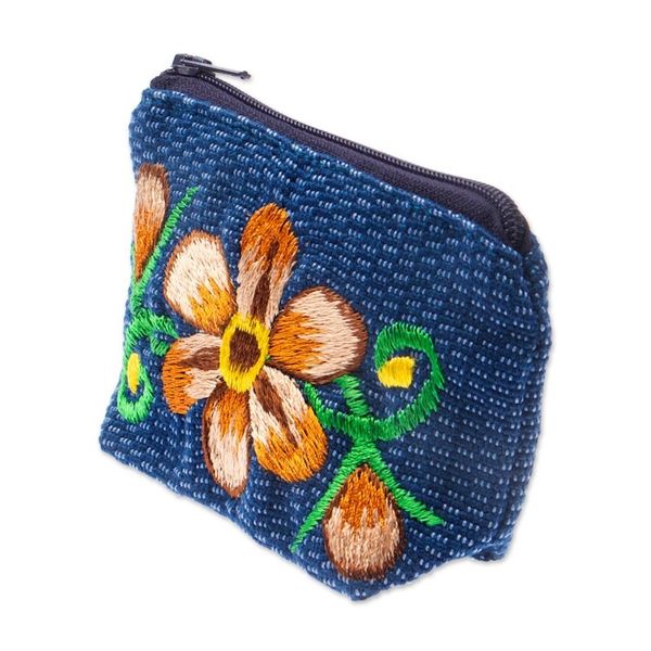 Alternate image for Blue and Ginger Floral Embroidered 100 Cotton Coin Purse Bloom of Autumn
