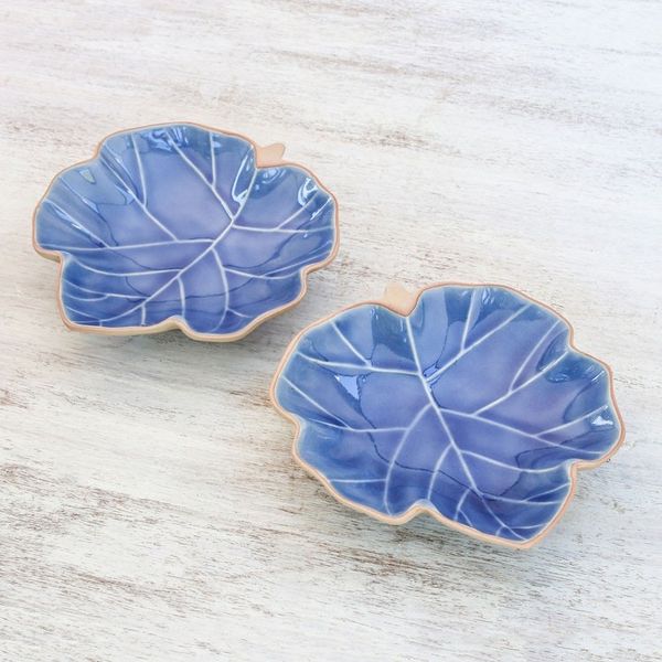 Alternate image for Leaf-Shaped Blue Ceramic Serving Bowls from Thailand Pair Ivy Leaves