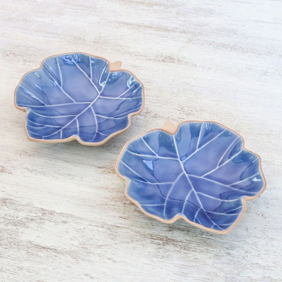 Leaf-Shaped Blue Ceramic Serving Bowls from Thailand Pair 'Ivy Leaves'
