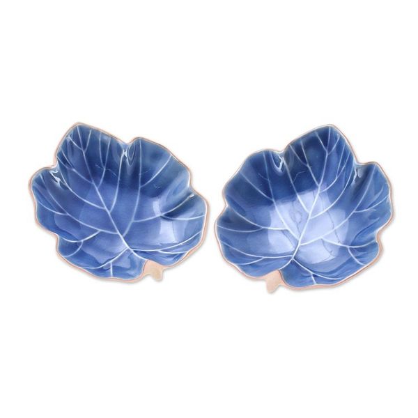 Alternate image for Leaf-Shaped Blue Ceramic Serving Bowls from Thailand Pair Ivy Leaves