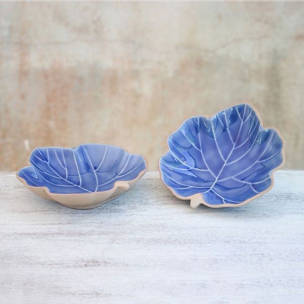 Alternate image for Leaf-Shaped Blue Ceramic Serving Bowls from Thailand Pair Ivy Leaves