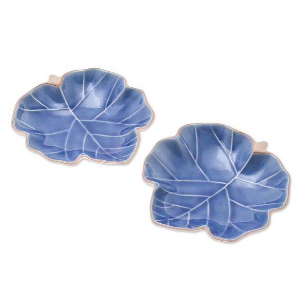 Alternate image for Leaf-Shaped Blue Ceramic Serving Bowls from Thailand Pair Ivy Leaves