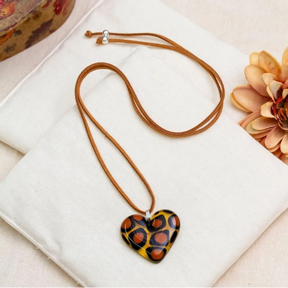 Art Glass Pendant Necklace with Animal Print and Heart Motif 'My Flamboyant Love'