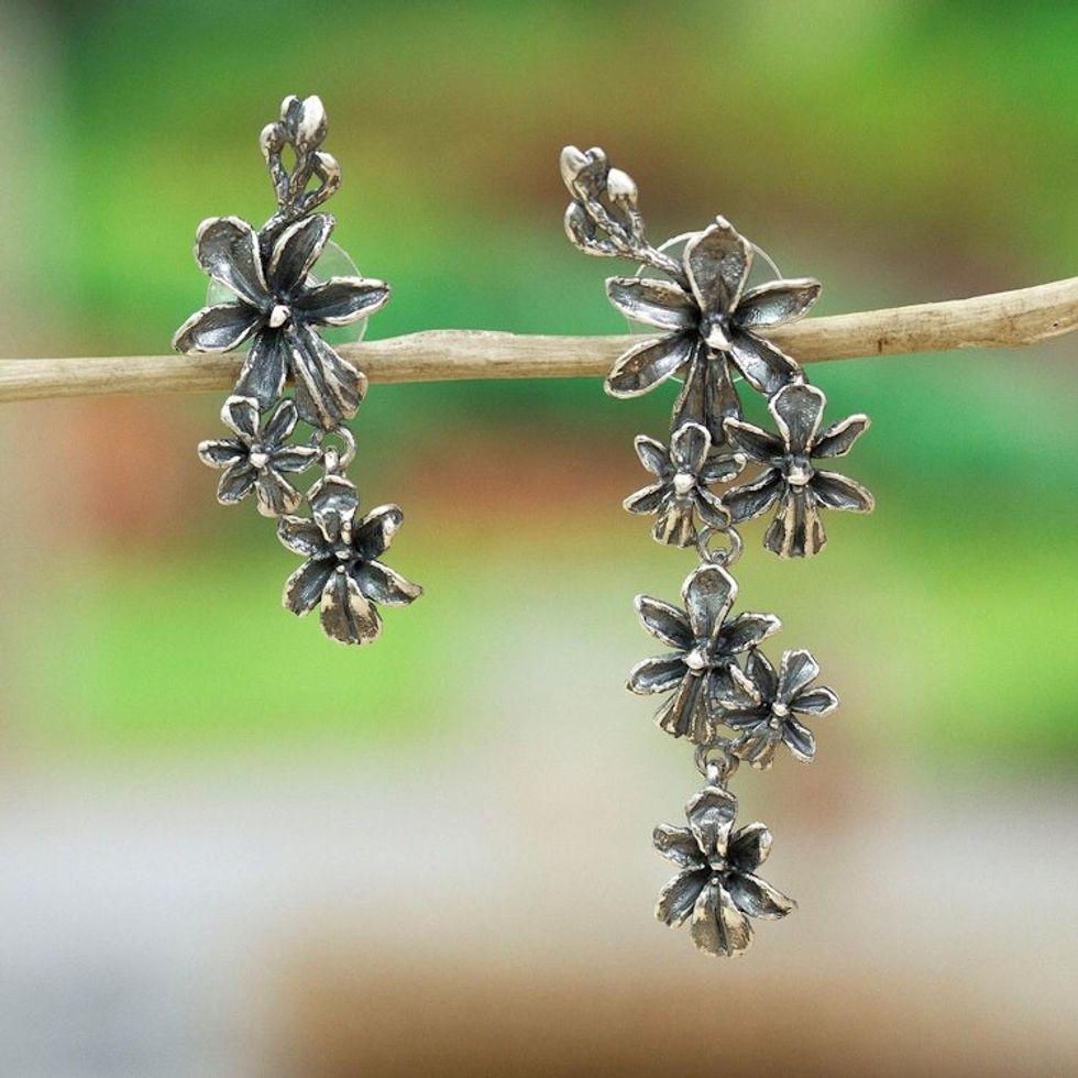 Floral Oxidized Sterling Silver Statement Dangle Earrings 'Generous Venus'