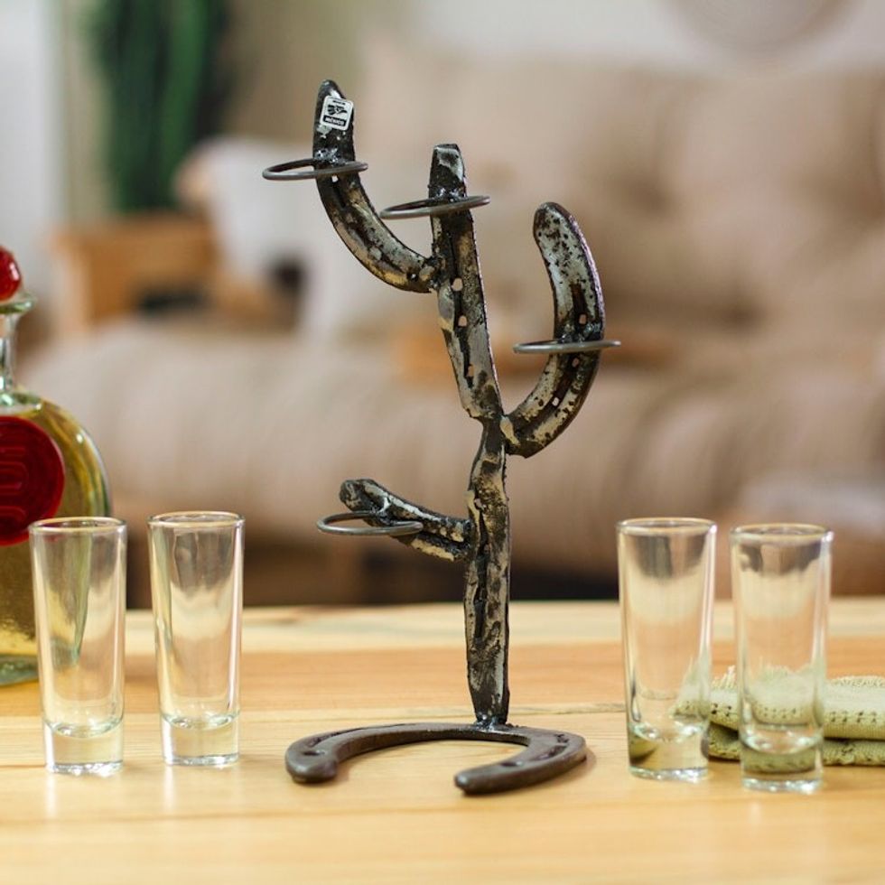 Cactus-Themed Recycled Iron Tequila Glass Stand 4-Piece Set 'Cactus Fiesta'
