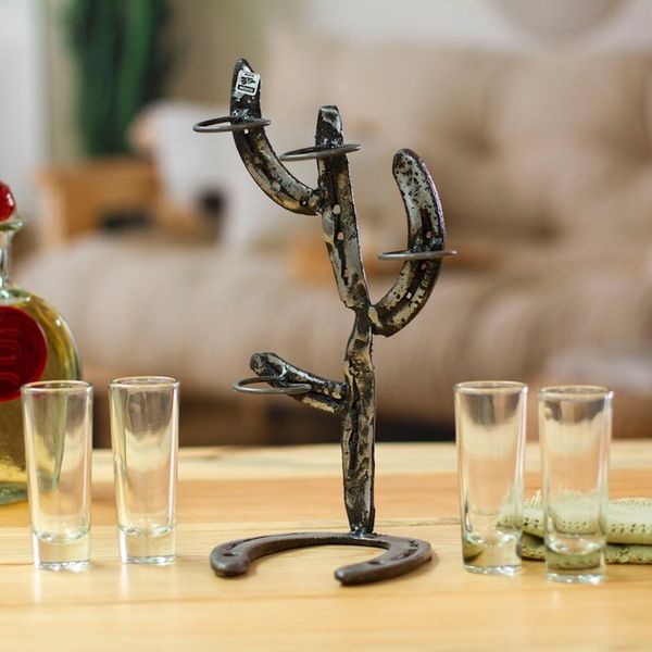 Alternate image for Cactus-Themed Recycled Iron Tequila Glass Stand 4-Piece Set Cactus Fiesta