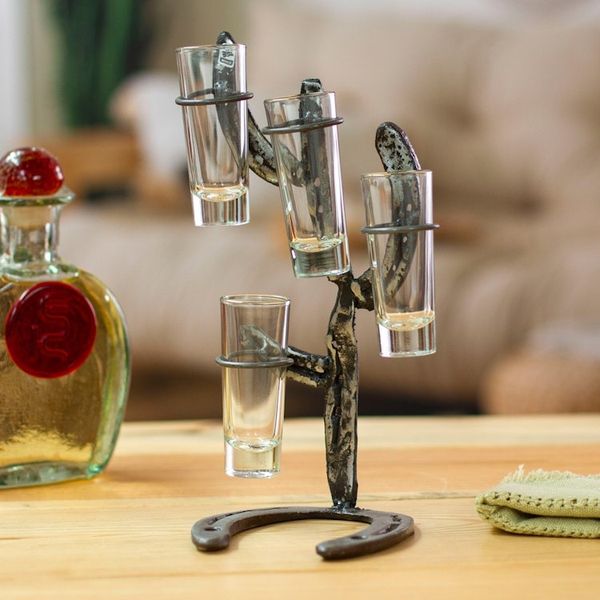 Alternate image for Cactus-Themed Recycled Iron Tequila Glass Stand 4-Piece Set Cactus Fiesta