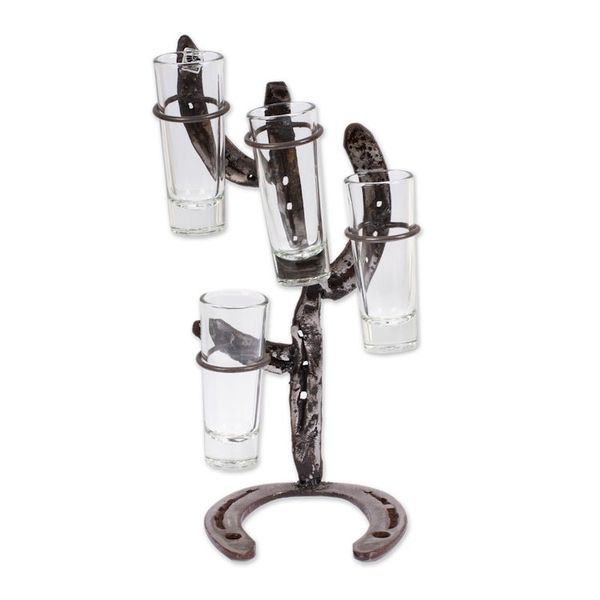 Alternate image for Cactus-Themed Recycled Iron Tequila Glass Stand 4-Piece Set Cactus Fiesta