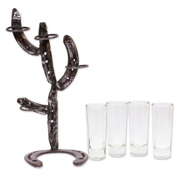 Alternate image for Cactus-Themed Recycled Iron Tequila Glass Stand 4-Piece Set Cactus Fiesta