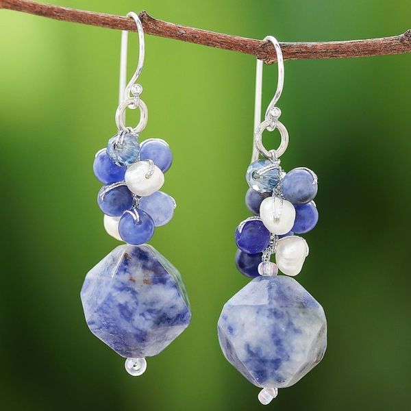 Alternate image for Lapis Lazuli and Cultured Pearl Beaded Cluster Earrings Beautiful Glam