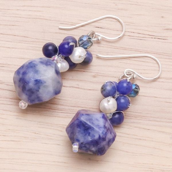 Alternate image for Lapis Lazuli and Cultured Pearl Beaded Cluster Earrings Beautiful Glam
