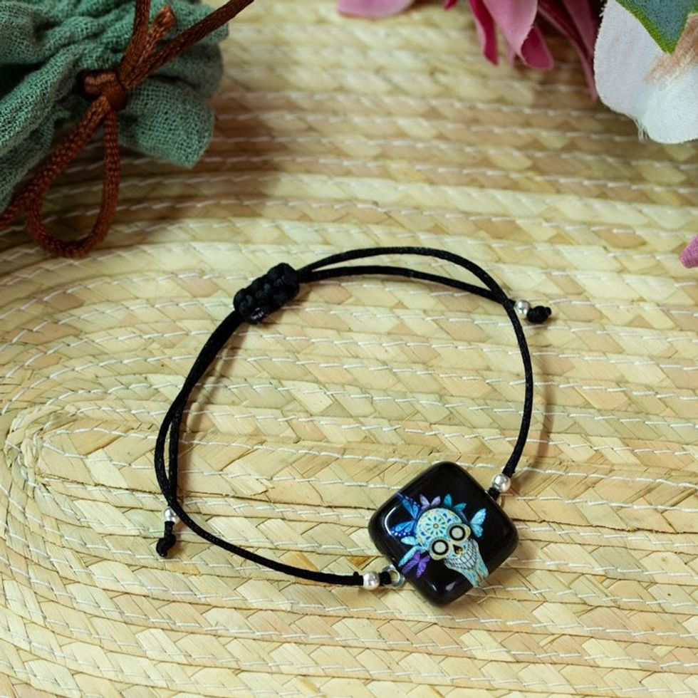 Decoupage on Glass Bracelet with Catrina-Themed Pendant 'Butterfly Catrina'