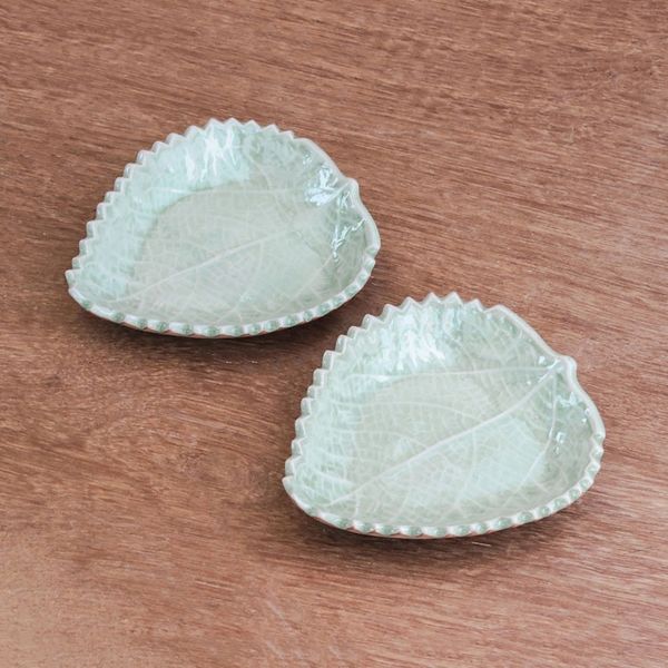 Alternate image for Leaf-Shaped Celadon Ceramic Bowls from Thailand Pair Leaves of the Forest