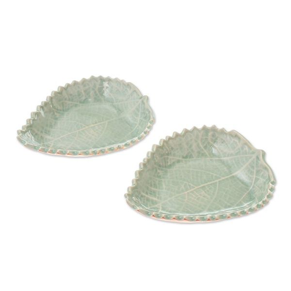 Alternate image for Leaf-Shaped Celadon Ceramic Bowls from Thailand Pair Leaves of the Forest