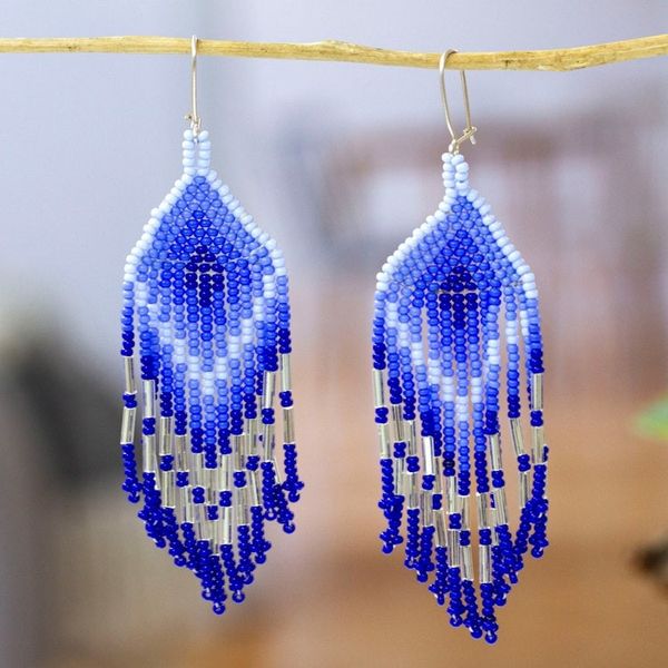 Alternate image for Geometric Blue Glass Beaded Waterfall Earrings from Mexico Cascades of Magic