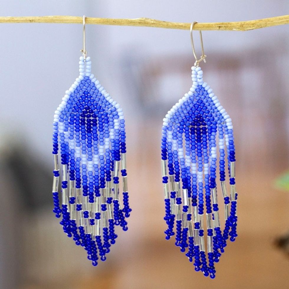 Geometric Blue Glass Beaded Waterfall Earrings from Mexico 'Cascades of Magic'