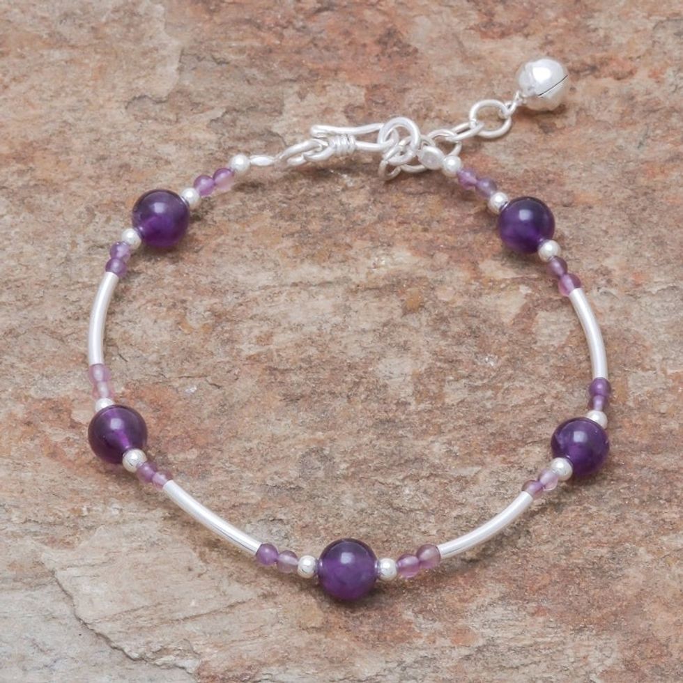 Amethyst Beaded Bracelet with a Bell Charm from Thailan 'Violet Sound'