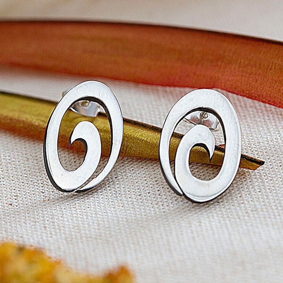 Modern Oval Taxco Silver Button Earrings from Mexico 'Enchanted Eclipse'