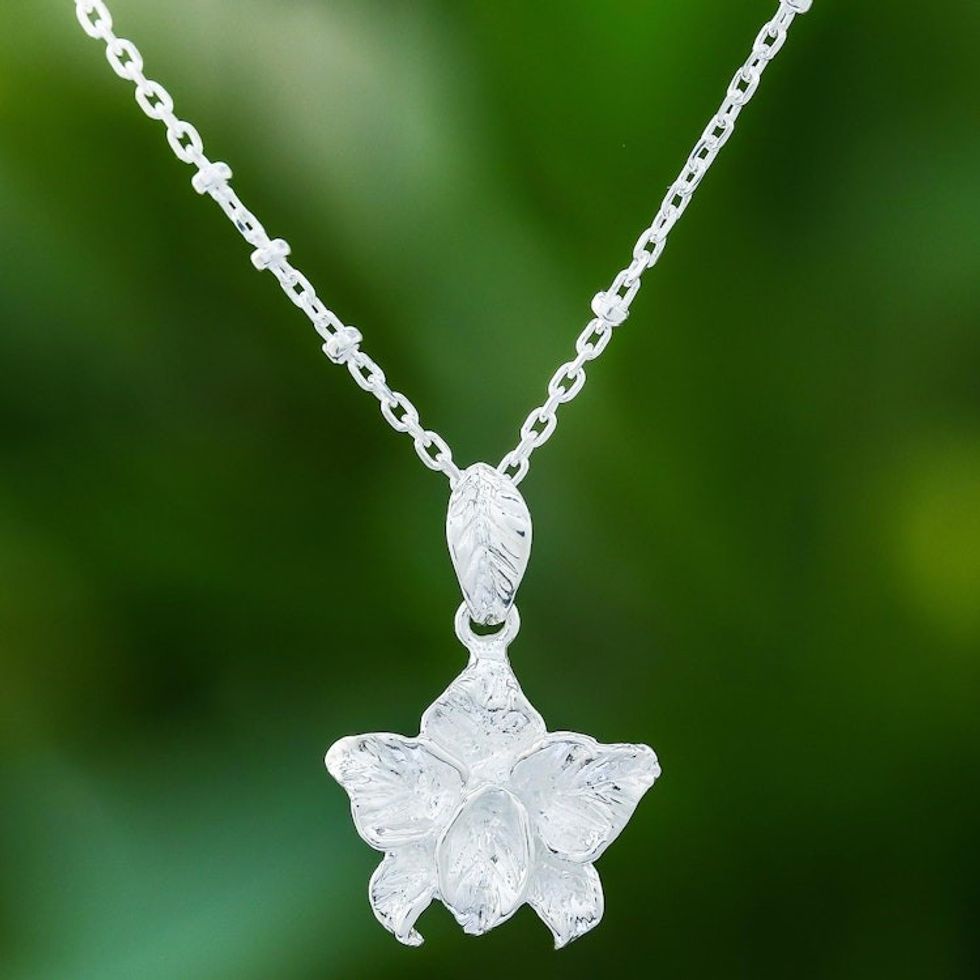 925 Silver Floral Pendant Necklace Handcrafted in Thailand 'Orchid Blossom'