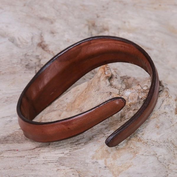 Alternate image for Handmade Leather Wristband Bracelet in Chestnut Wavy Embrace in Chestnut