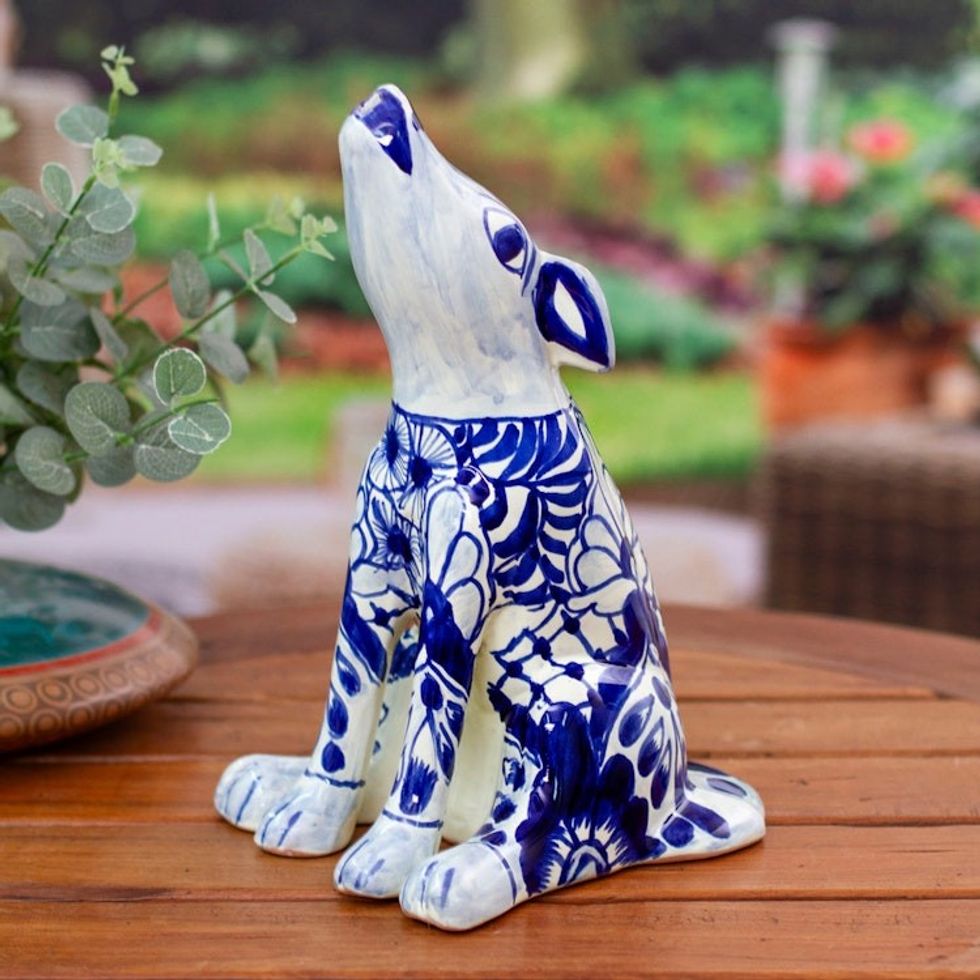 Talavera-Style Hand-Painted Ceramic Coyote Sculpture 'Talavera Coyote'