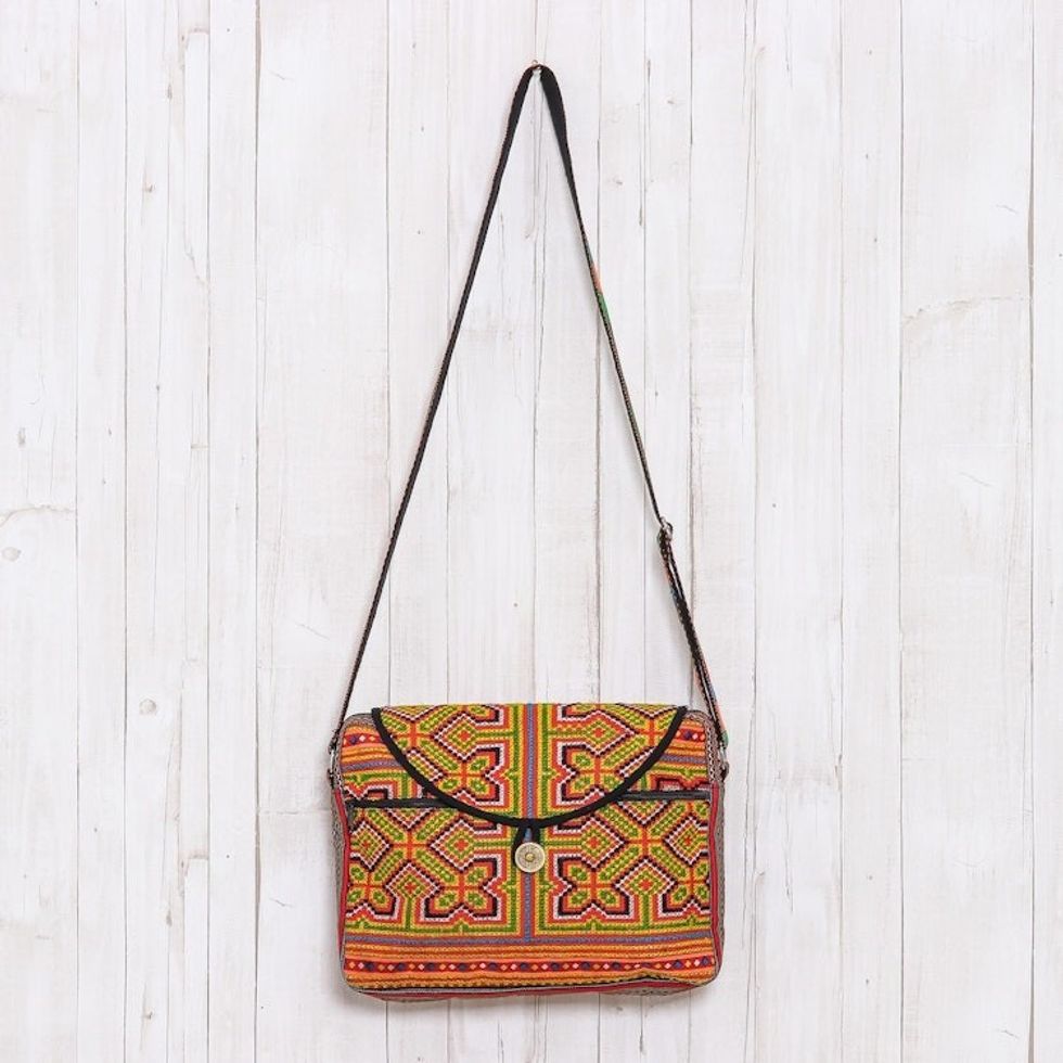 Geometric Hmong Cotton Blend Messenger Bag from Thailand 'Colorful Hmong'