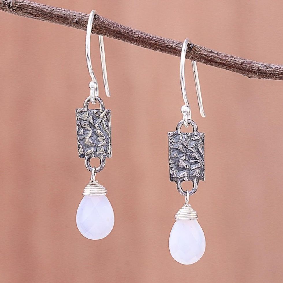 Chalcedony and Textured Sterling Silver Dangle Earrings 'Facets and Folds'