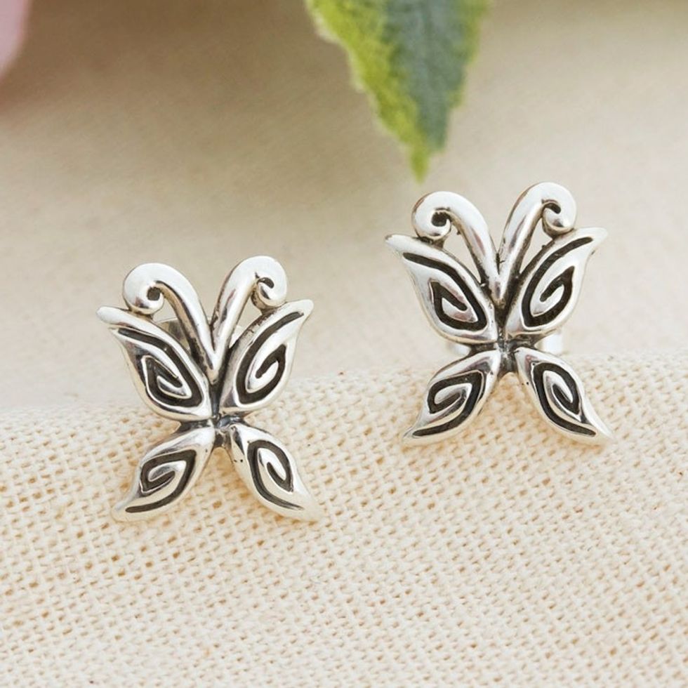 Butterfly-Themed Taxco Silver Stud Earrings from Mexico 'Bright Butterfly'