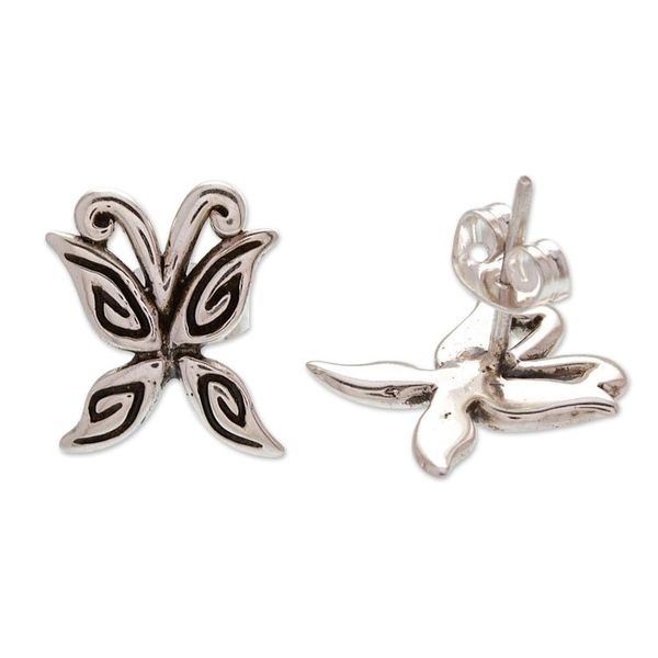 Alternate image for Butterfly-Themed Taxco Silver Stud Earrings from Mexico Bright Butterfly