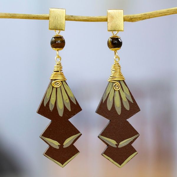 Alternate image for 24k Gold-Accented Agate Dangle Earrings in Chocolate Hues Chocolate Splendor